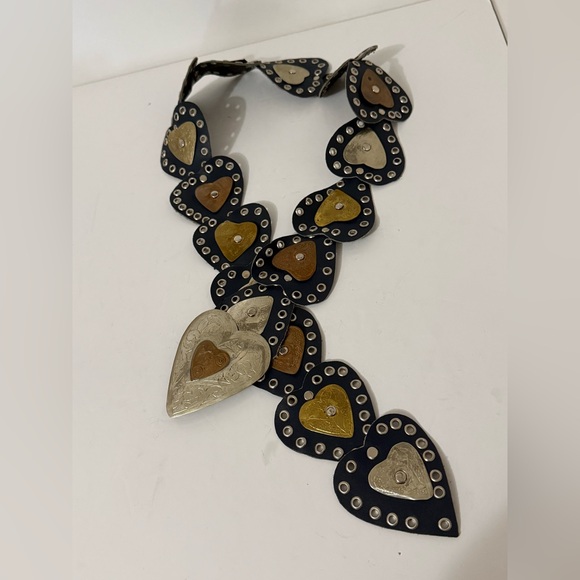 Accessories - Vintage Blue Leather Studded Heart Handmade Boho Belt Heart Buckle Circa 60s